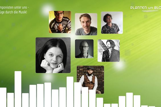 Thumbnail zum Podcast "Die Komponisten unter uns - Streifzüge durch die Musik" mit Porträtfotos der Komponisten.
